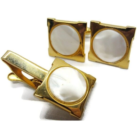Square Gold-Tone & MOP Cufflinks Set w Tie Clasp Tux Shirt Dress Suit Vintage - Picture 1 of 6